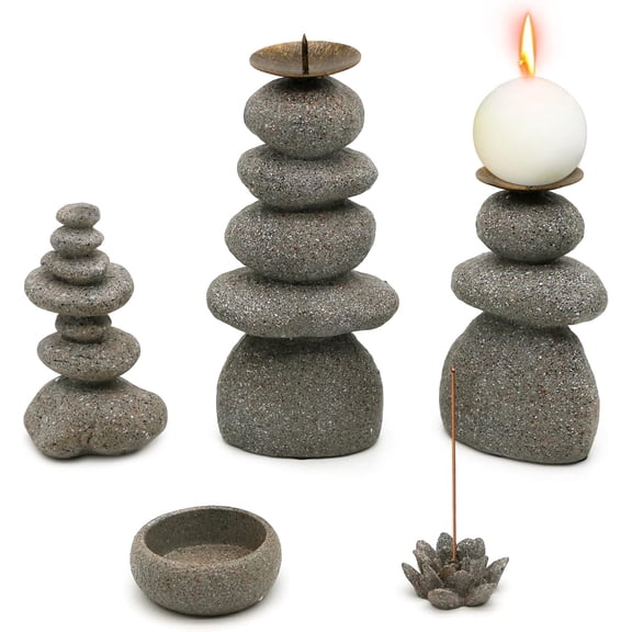Rock Cairns Candle Holder - Taper Pillar Candle Stick Holder Set of 5 - Balance Stones Candlestick Holders Candlelight Stand for Zen Garden, Altar, Mantle, Yoga, Home Decoration, Meditation Gift