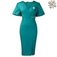 thumbnail image 3 of AURA Womens V Neck Pencil Midi Dress Lantern Short Sleeve High Waist Slit Elegant Work Office Summer Dress with Brooch, 3 of 4