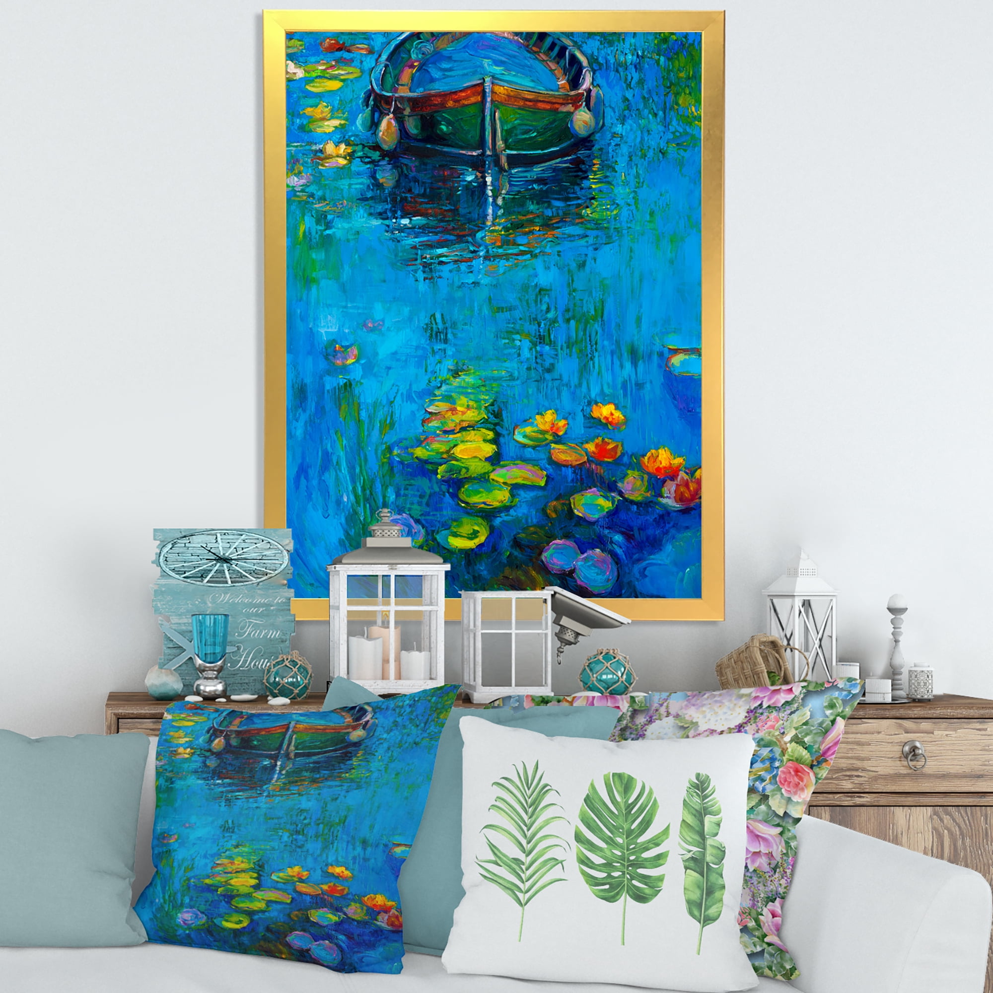 Designart 'Boat In Blue Lake' Nautical & Coastal Framed Art Print