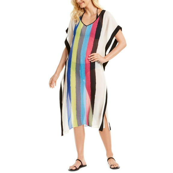 Calvin Klein Womens Sheer Cover Up Dress Swimwear White Stripes V-Neck S/M New