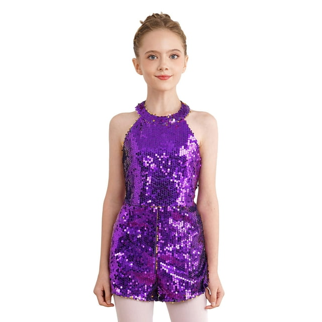 Riismen Combinaison Short à Paillettes Brillante pour Filles, Col Licou, Sans Manches, une-Pièce, pour Danse, Bals, Fête de Bal, Violet 8