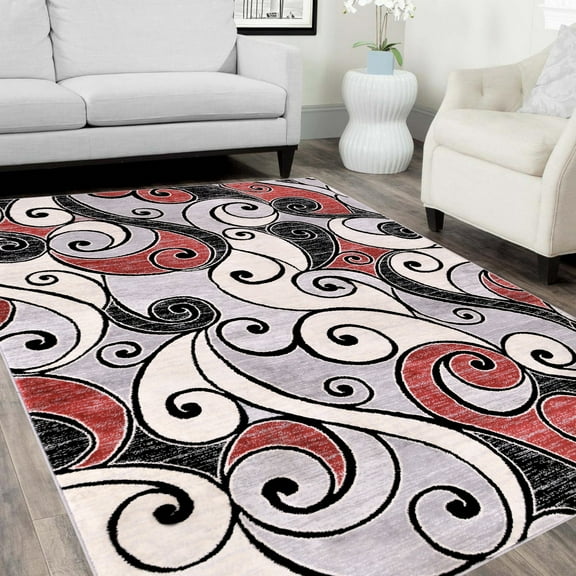 Handcraft Rugs-Swirls Rugs/Luxury Livingroom Modern Soft/Smooth-Red/Silver/Gray/White