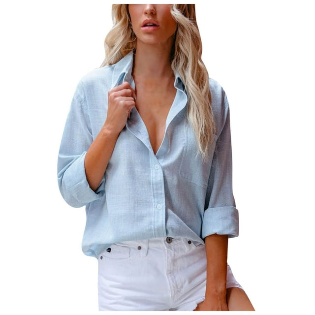 KIHOUT Spring Winter Womens Tops Fashion Casual Pockets Solid Color Turn-Down Neck Cardigan Long Sleeve Loose T-Shirt Blouse Button Tops