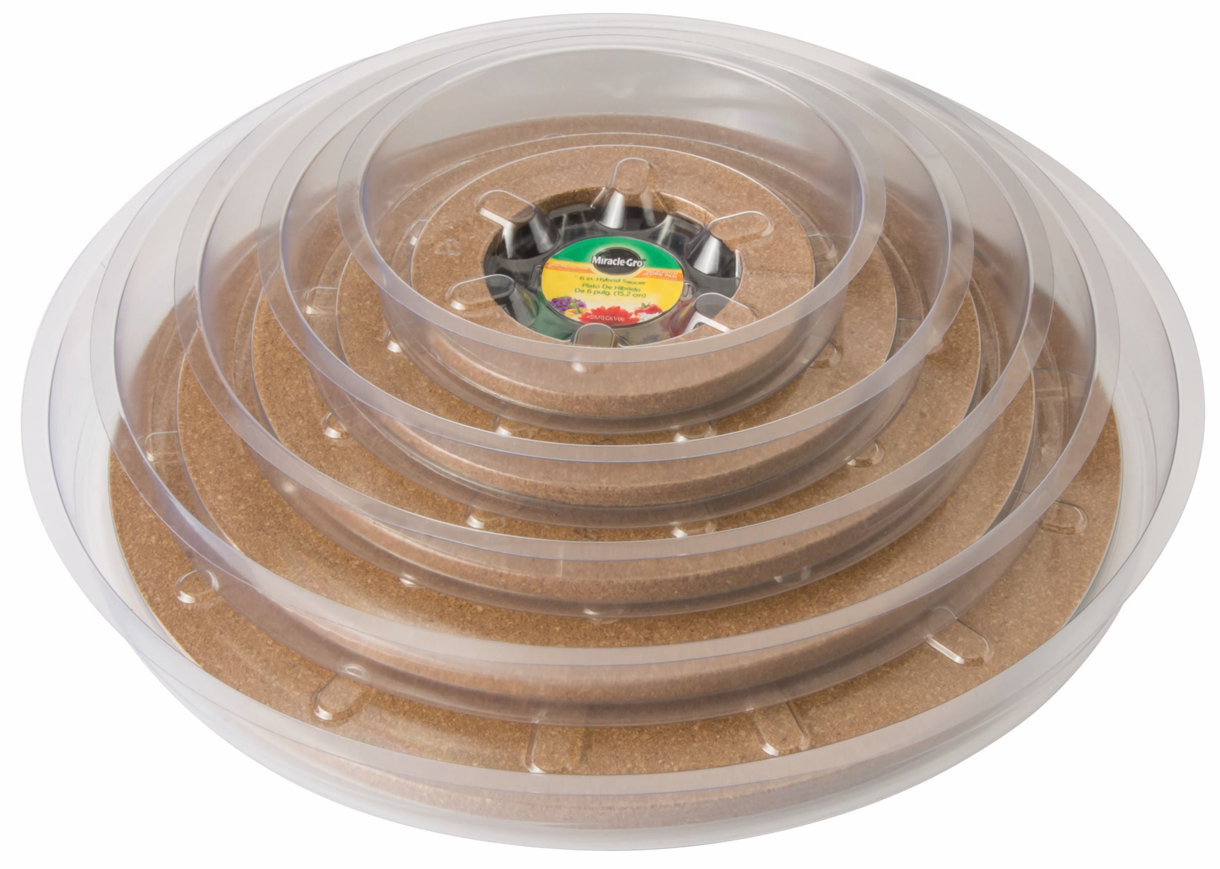 Orbit, Miracle Gro Brand 14 in. Hybrid Saucer - Clear Plastic with a Brown Cork Base