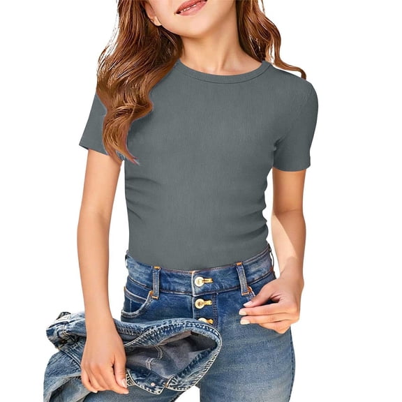 NAISIBABY Girls Short Sleeve T-Shirt, Crewneck Slim Fit Stretchy Knit Summer Kids Fashion Tee Gray Size 14