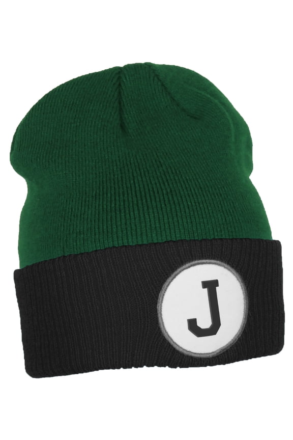 Custom A to Z Initial Letters Cuff Hat Beanie Warm Knit Skull Cap, Kelly Blk Letter J