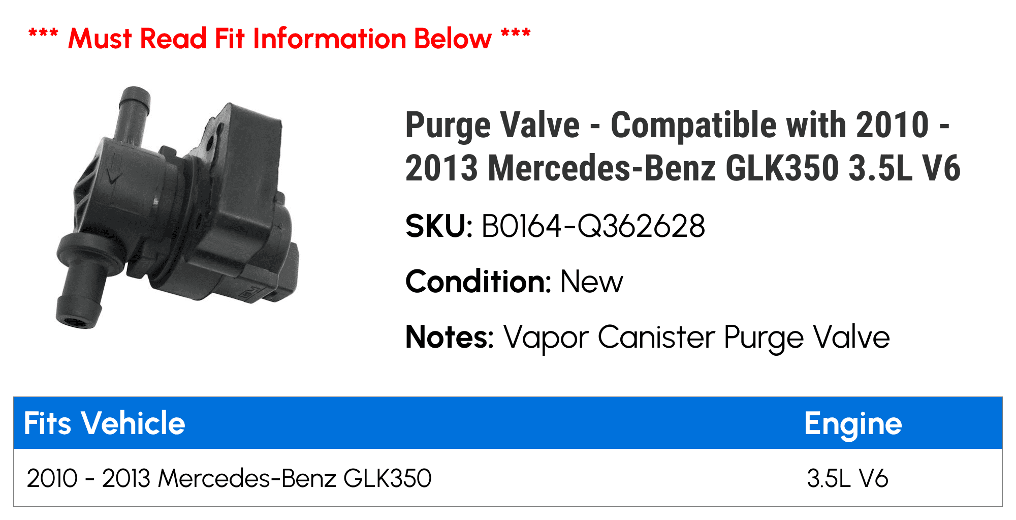 Purge Valve - Compatible with 2010 - 2013 Mercedes-Benz GLK350 3.5L V6 2011 2012