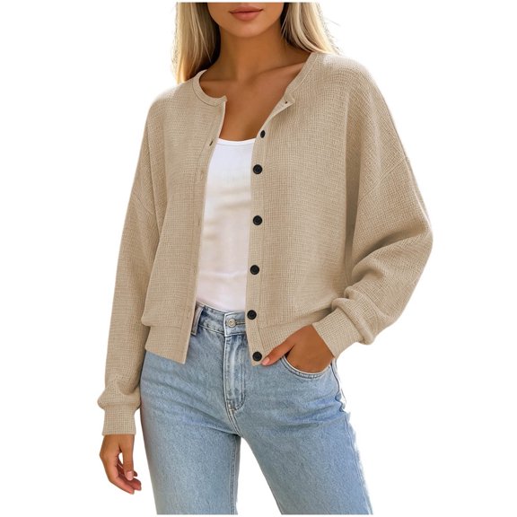 Sevevn Women's Trendy Crew Neck Waffle Knit Cropped Cardigan Button Up Long Sleeve Layering Tops Fall Winter Fashion Outfits for Shopping Going Out Daily Wear