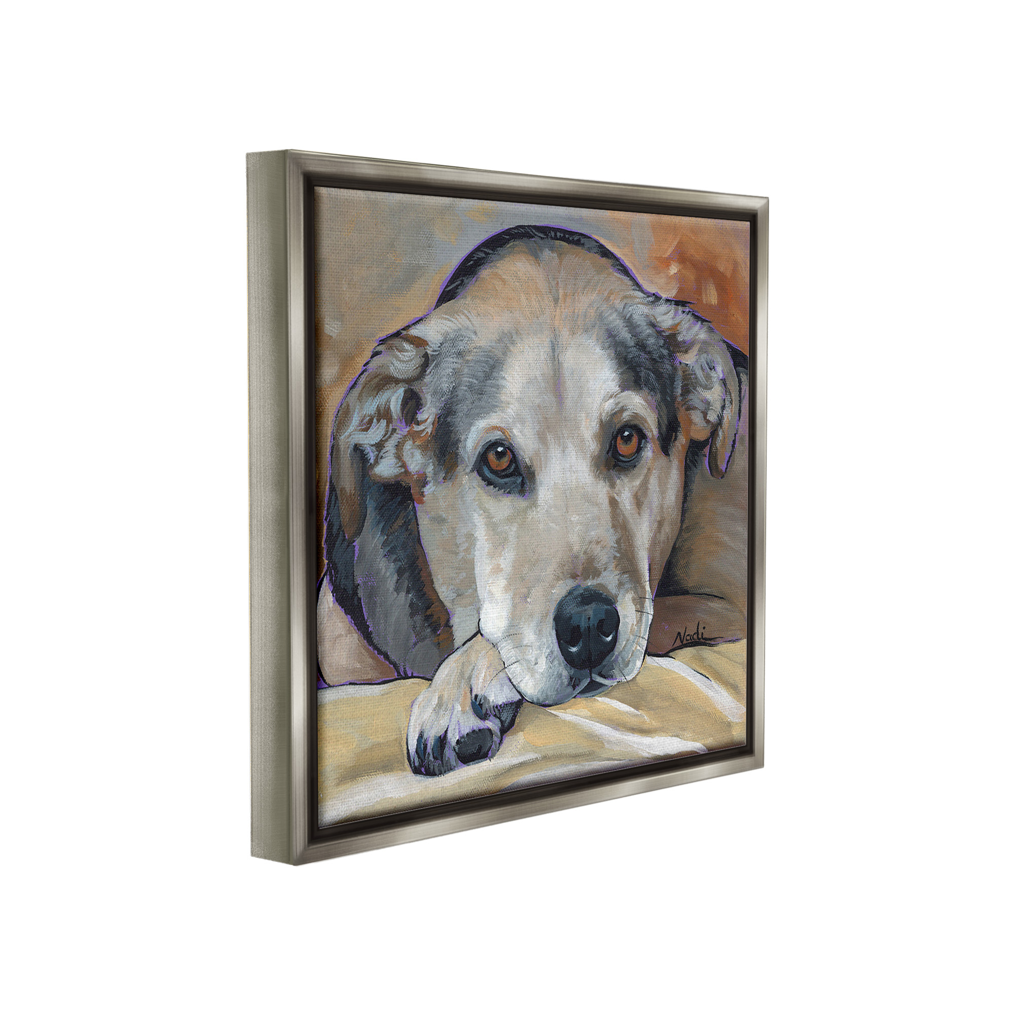 Stupell Industries Cozy Dog Portrait Animals & Insects Painting Gray Floater Framed Canvas Art Print Wall Art, 25 x 25
