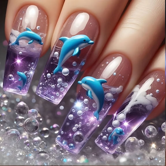 24Pieces Glossys Blue Translucent Dolphins Mediums Square ABS Fakes Nails For Special Occasions