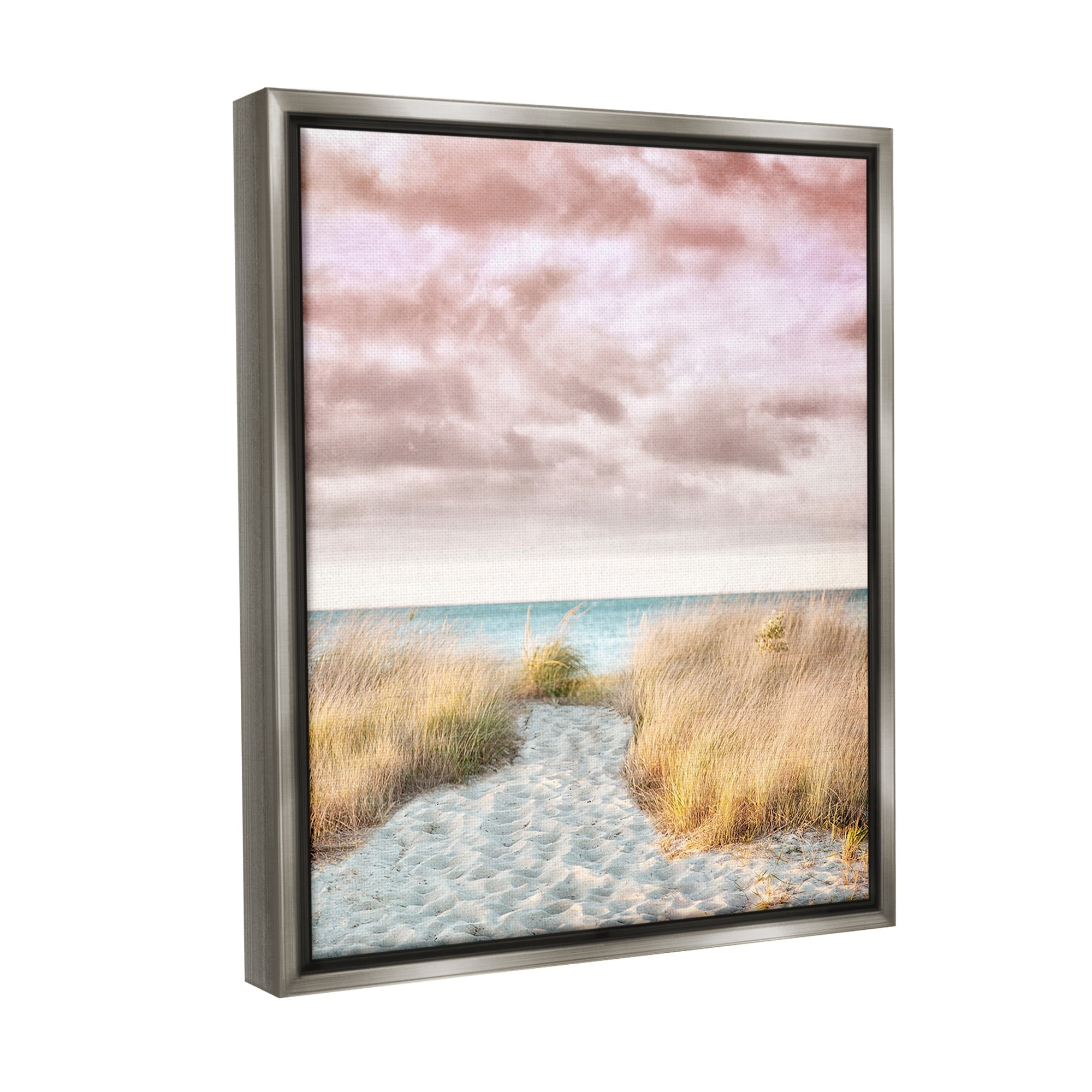 Stupell Industries Beach Path with Pink Sky Landscape Photography Gray Floater Framed Canvas Art Print Wall Art, 25 x 31