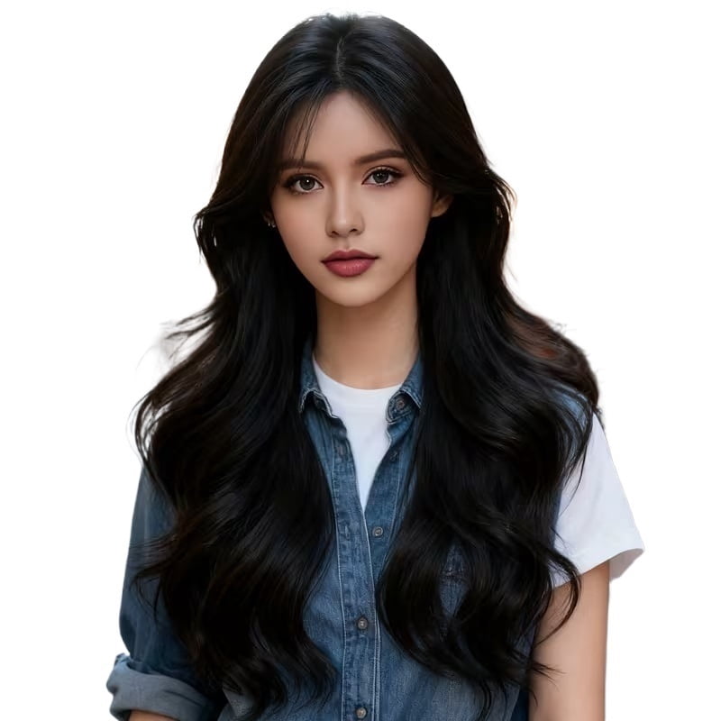 24-inch 240g heat-resistant synthetic wig medium-length wavy bangs black brown elegant women's daily wear wig