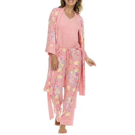 Flora Nikrooz FN Women's Super Soft 3 Piece Pajama Sleep Set, Robe, Tank, and Pant (US, Alpha, XX-Large, Regular, Regular, Pink Floral)