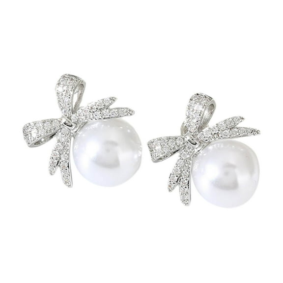 Bow Pearl Earrings for Women Elegant Rhinestone Studs Exquisite Holiday Jewelry High End Charm Dangle Drop