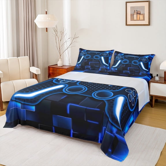 Kids Gamer Sheet Set Queen Size Black Blue Game Bedding Set For Boys Teens Girls Bedroom Decor Gaming Ombre Bed Sheets Neon Geometric Square Grid Bed Sheet Set 4 Piece,Soft