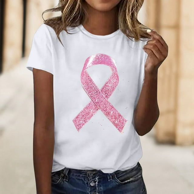 Women's T-Shirts Cancer Awareness Ribbon Print Short Sleeve V Neck T Shirt for Support in Soft Comfortable Fabric