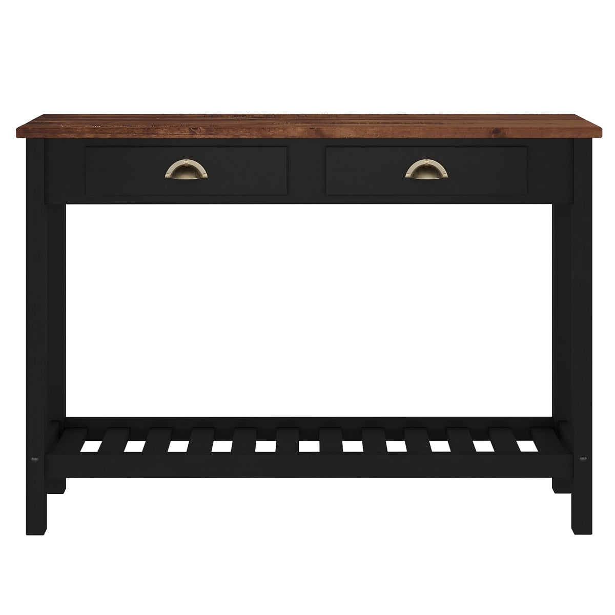 OSHOME Solid Pine Farmhouse Console Table with 2 Drawers and Shelf – Entryway Hall Table, Harvest Black & Distressed Brown Top