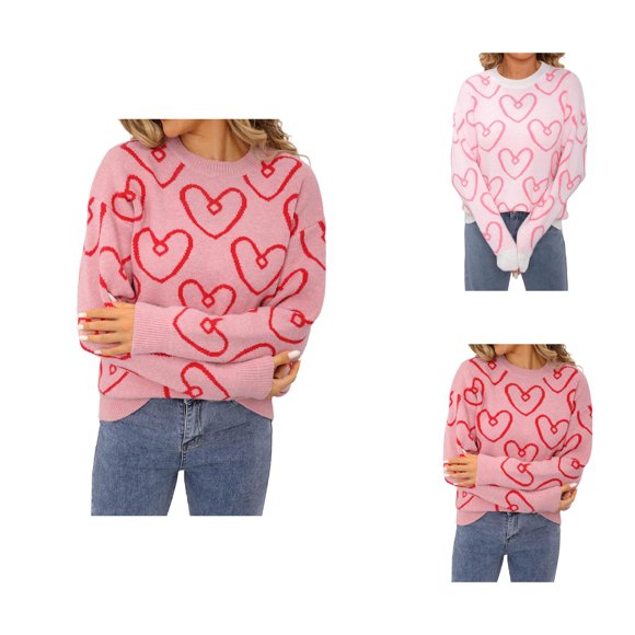 Sweaters for Women 2025 Fall Winter Trendy Crewneck Heart Shaped Color Block Pullover Sweater
