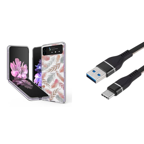 Bemz Premium Bundle for Samsung Galaxy Z Flip 3 5G: Slim Snap-On Protector Case (Pink Grey Feathers), Nylon Braided USB-C to USB-A Cable (3 Feet)