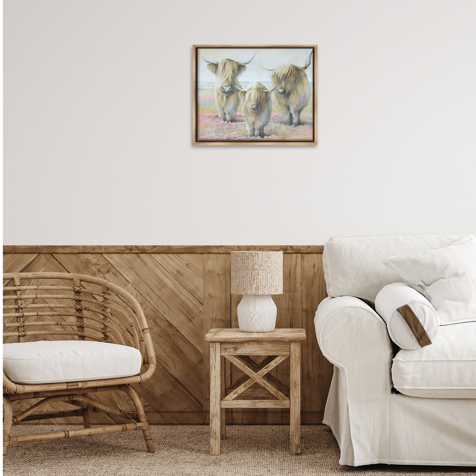 Stupell Industries Gentle Cattle Trio Animals & Insects Painting Brown Floater Framed Canvas Art Print Wall Art, 21 x 17