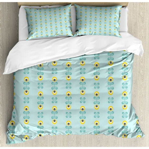 Floral Duvet Cover Set King Size, Pattern with Abstract Scandinavian Style Geometric Flowers, Decorative 3 Piece Bedding Set with 2 Pillow Shams, Pale Blue Yellow and Charcoal Grey, by Ambesonne