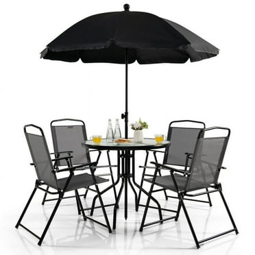 Canddidliike 6 Pieces Patio Dining Set with Umbrella and Stackable Cushioned Chairs, Outdoor Stackable Dining Chairs for All Weather, Comfortable Breathable Garden Outdoor Furniture for Backyard Deck