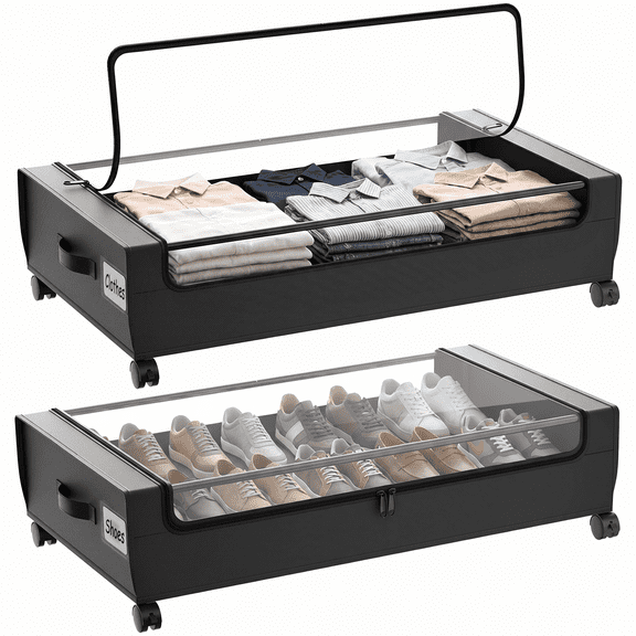 2-Pack Under Bed Storage with Wheels, Black Under Bed Storage Containers, Underbed Shoe Storage Organizer, Rolling Under Bed Metal Drawers for Clothes, Blankets(31.5 x 17.3 x 6.8 in)