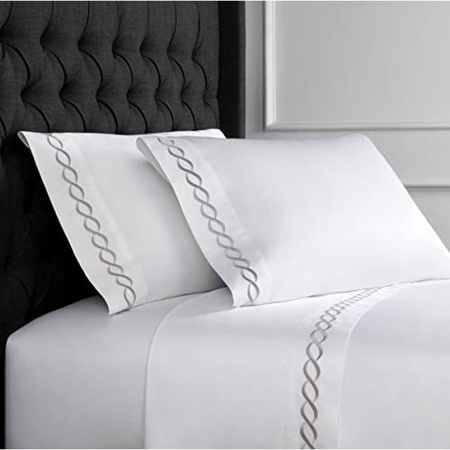 Melange Home Sateen Cotton Rope Embroidery Stripe Sheet Set Full, Grey on White