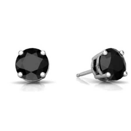 14Kt White Gold 1 Carat Natural Black Diamond Round Stud Earrings
