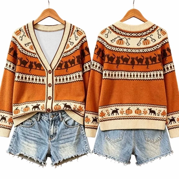 JIAYUE Women Cardigan Halloween Print Fair Isle Knit V Neck Button Front Long Sleeve Cropped Loose Outerwear For Seasonal Party