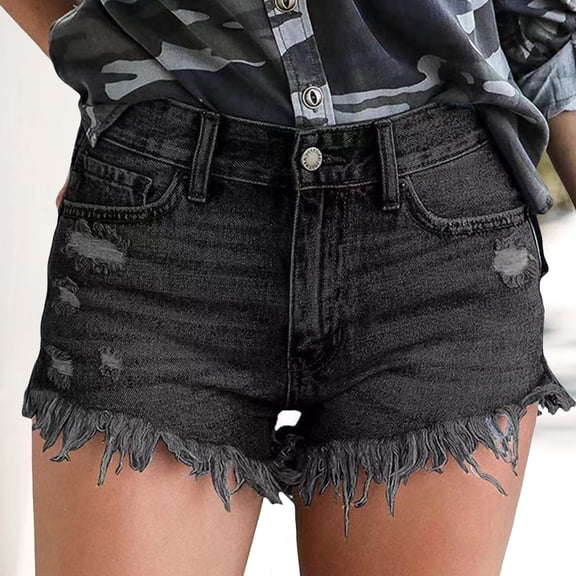 Women's Mid Rise Irregular Frayed Hem Distressed Denim Shorts Vintage Washed Ripped Jean Shorts Black S
