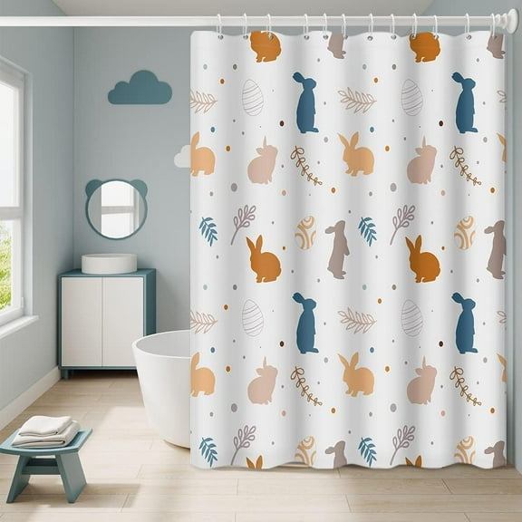 Happy Easter Shower Curtains for Bathroom Cute Bunny Rabbit Eggs Leaves Pattern Design Home Bathtubs Decor Waterproof Fabric Shower Curtain Sets with 12 Hooks, 72x72 Inch