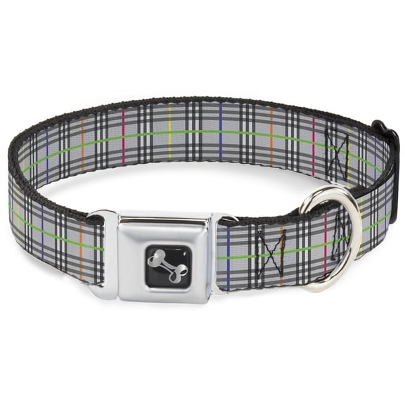 Buckle-Down Pet Collar, Dog Collar Metal Seatbelt Buckle, Plaid Gray Multi Neon, 9.5 to 13 Inches 1.0 Inch Wide