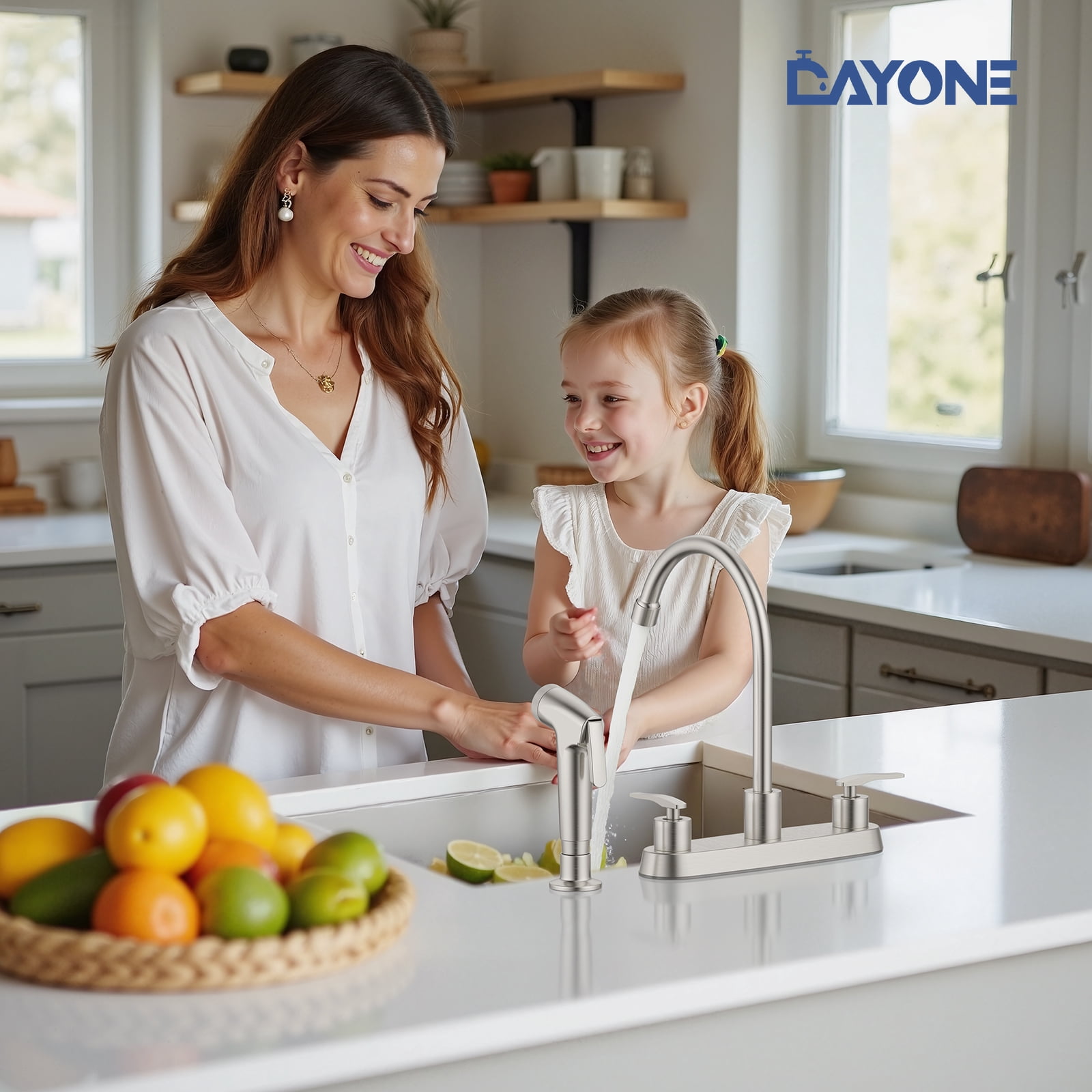 DAYONE Kitchen Faucet with Side Sprayer 2 Handle Brushed Nickel, 8 Inches 4 Holes Centerset Kitchen Sink Faucet, Pull Out Stainless Steel Sink Faucets for RV Laundry Bar with Supply Lines, DAY-CR2001