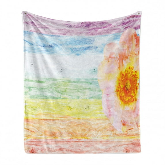 Rustic Soft Flannel Fleece Throw Blanket, Wild Rose Flower on Wooden Colored Watercolor Artwork Summer Floral Beauty Print, Cozy Plush for Indoor and Outdoor Use, 50" x 60", Multicolor, by Ambesonne