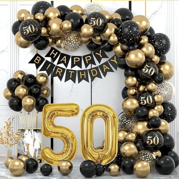 Duzziyyaa 50th Birthday Party Decorations ,77PCS 50th Birthday Banner & Balloons Kit ,Black & Gold Foil Balloons