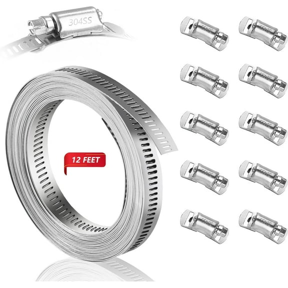 304 Stainless Steel Hose Clamp Assortment Kit DIY, Cut-To-Fit 12 FT Metal Strap 10pcs Stronger Fasteners,Large Adjustable Worm Gear Band Hose Clamps Screw Clamps Duct Pipe Metal Clamp Strapping