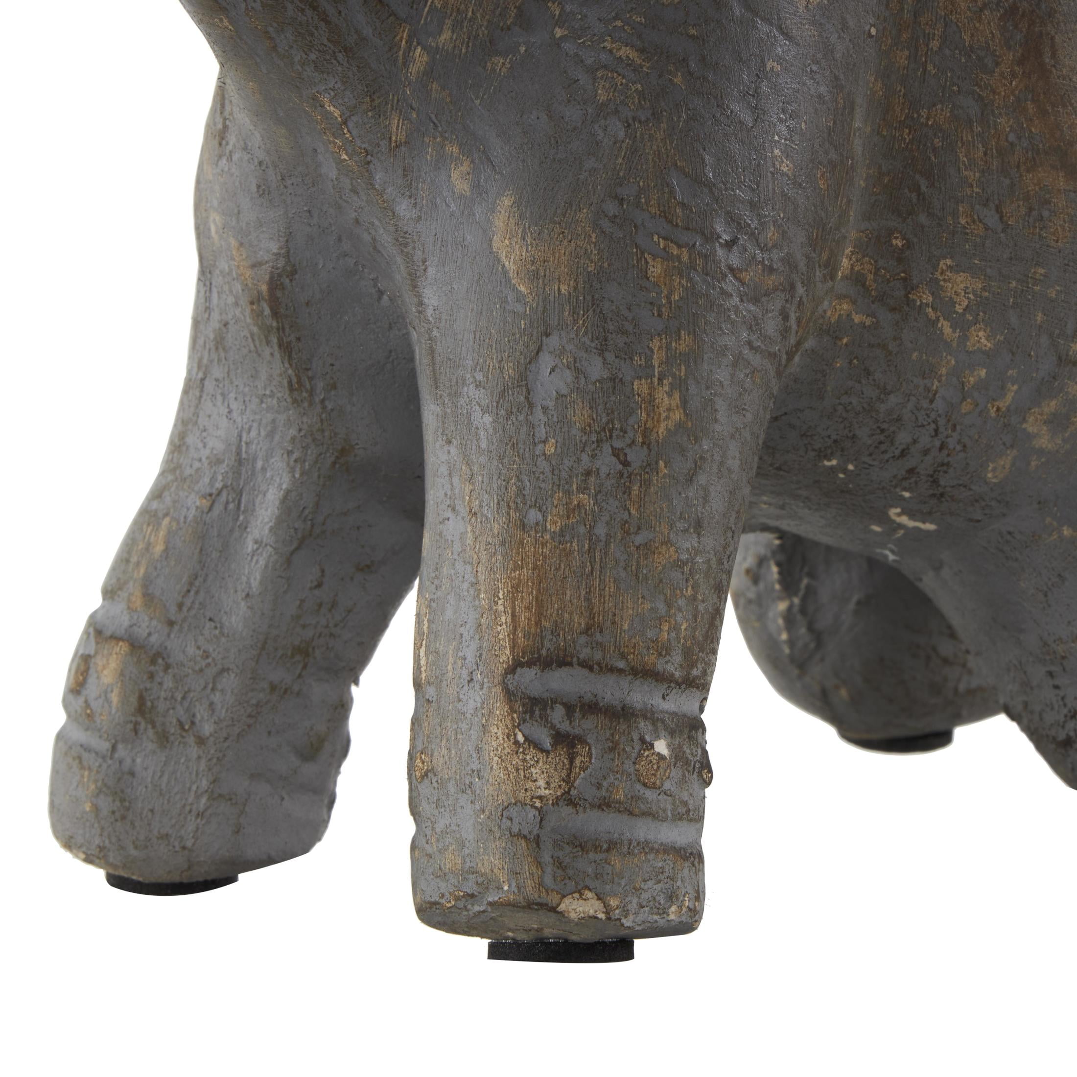 10" x 10" Dark Gray Paper Mache Handmade Distressed Carved Elephant Sculpture with Wood Inspired Accents, by DecMode