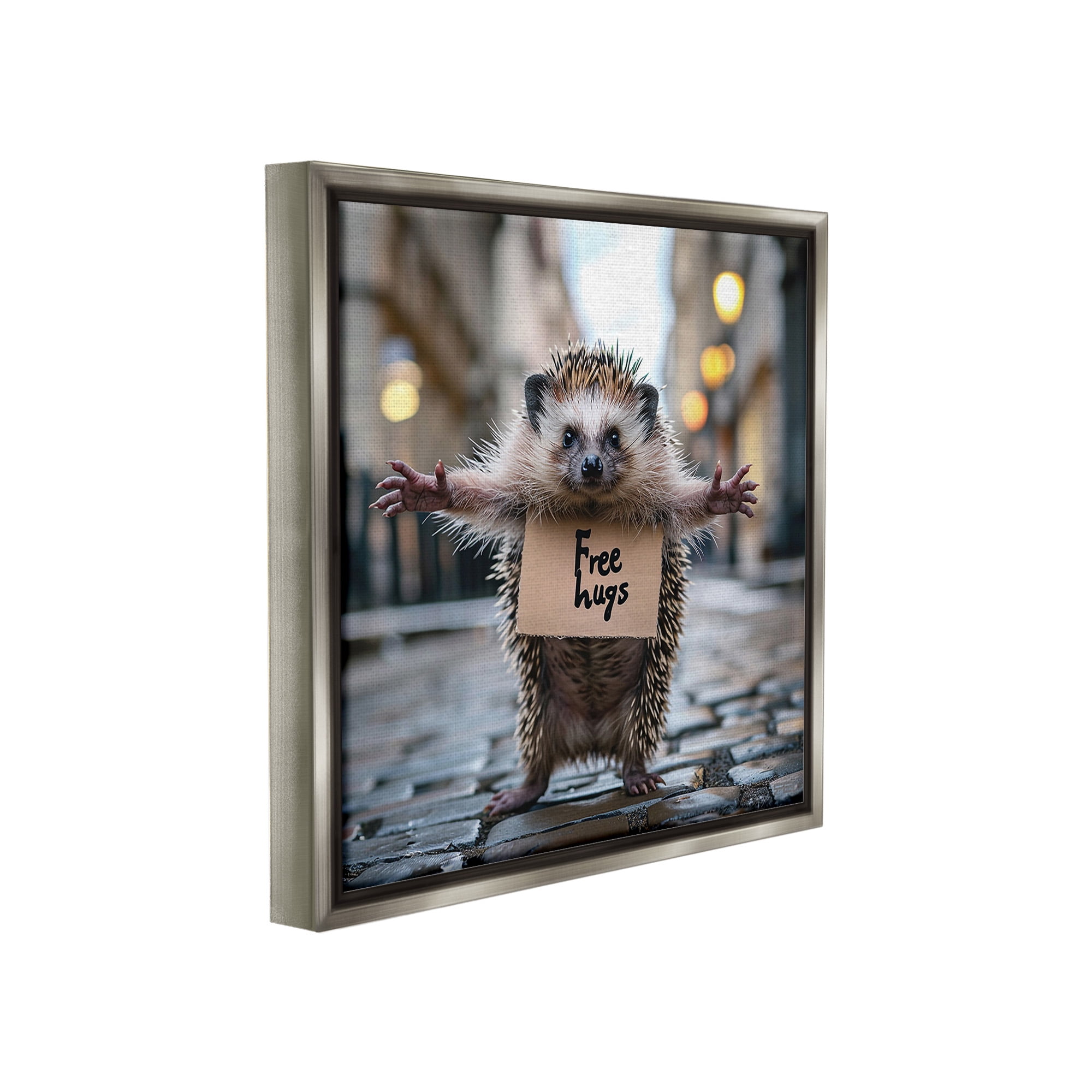 Stupell Industries Free Hugs Hedgehog Animals & Insects Painting Gray Floater Framed Canvas Art Print Wall Art, 25 x 25
