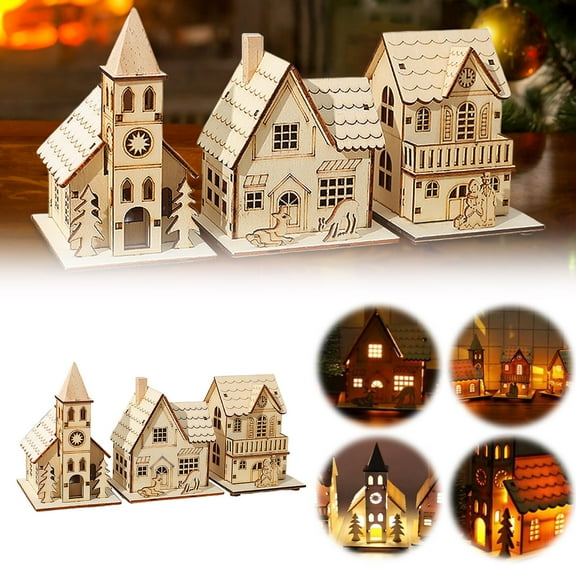 2025 New 3pcs Christmas Led Light Wooden House with Battery, Unfinished Wooden Christmas Village Mini Houses House Landscape Decors for Christmas Table Centerpieces Holiday Home Decor