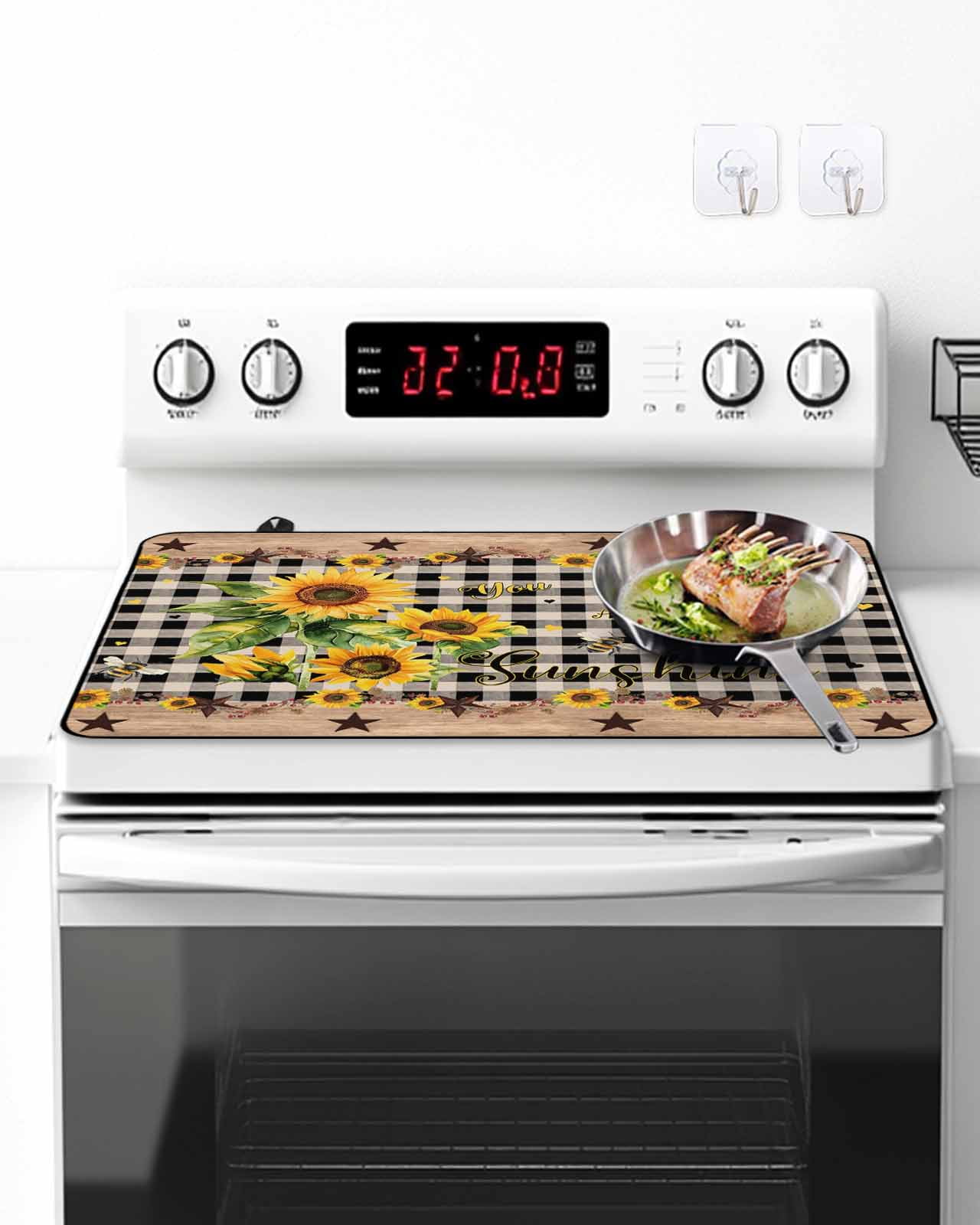 Stove Top Covers for Electric Stove, Sunflower Plaid Glass Stovetop Cover Protector, Country Sunshine Star Vintage Bee Black Induction Cooktop Protector Oven Mat for Kitchen Countertop 24"x21"