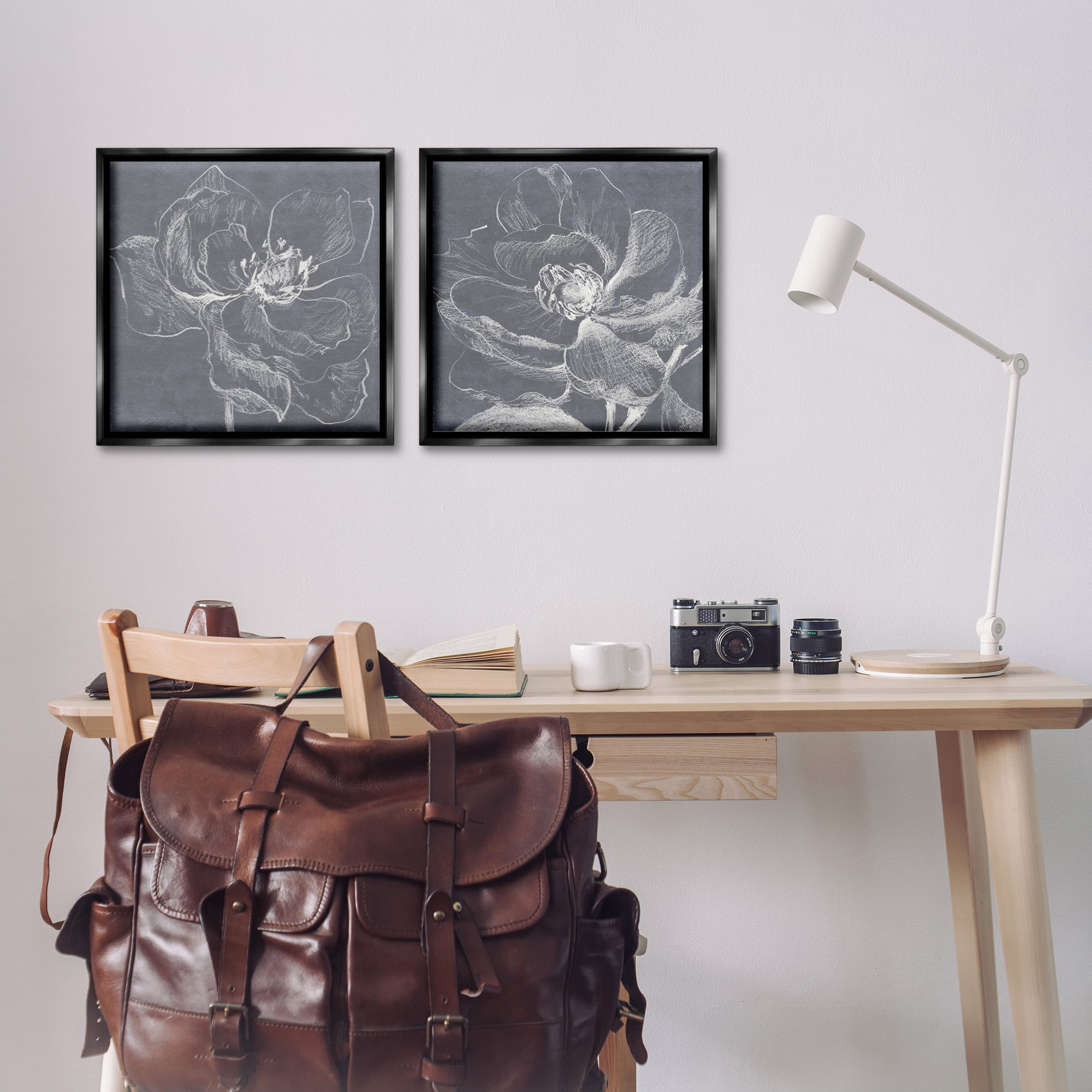 Stupell Industries Chalkboard Magnolia Blossom Plants & Flowers Drawing Black Floater Framed Canvas Art Print Wall Art, 18 x 18, Set of 2