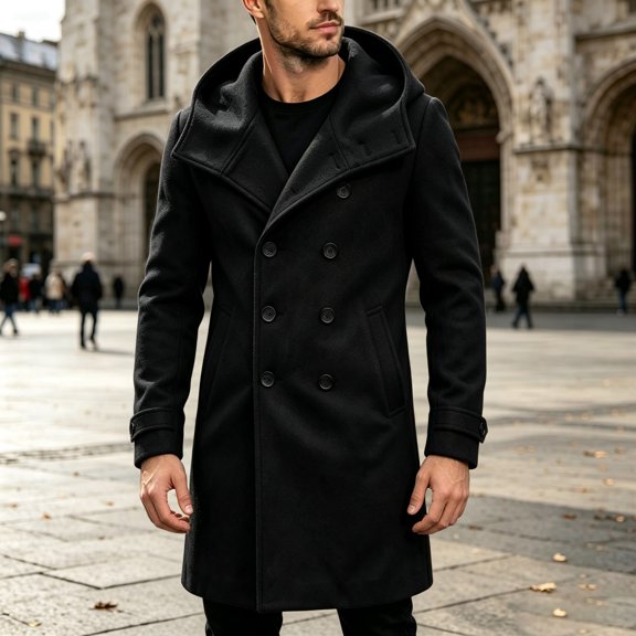 Men's Hooded Double Breasted Wool Blend Coat Mid-Length Windproof Overcoat Casual Winter Warm Trench Coat With Pockets Black M