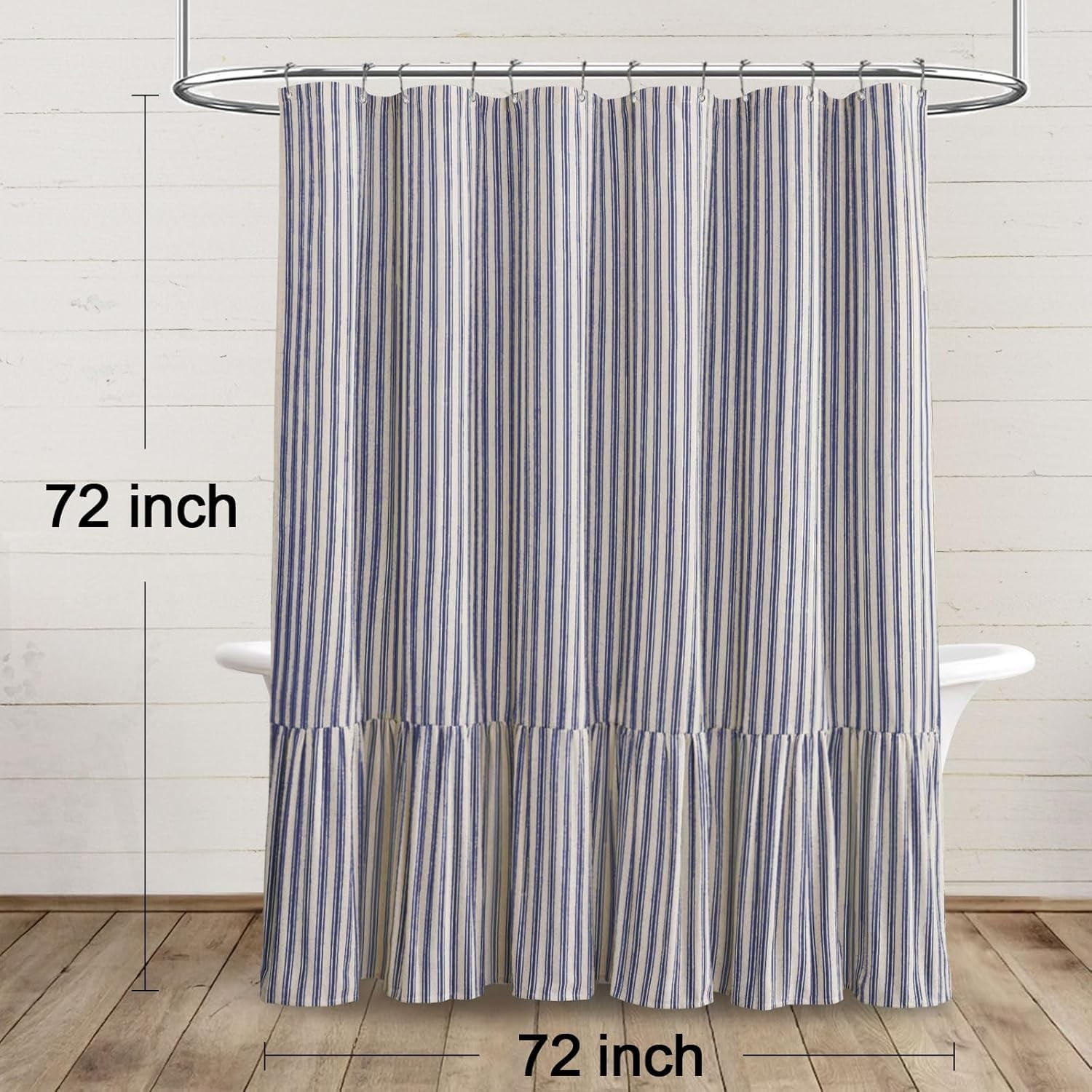 Boho Farmhouse Shower Curtain with Ruffle Hem, Linen Textured White Shower Curtains for Bathroom Vintage Rustic Fabric, Blue Stripe 72" W x 72" L