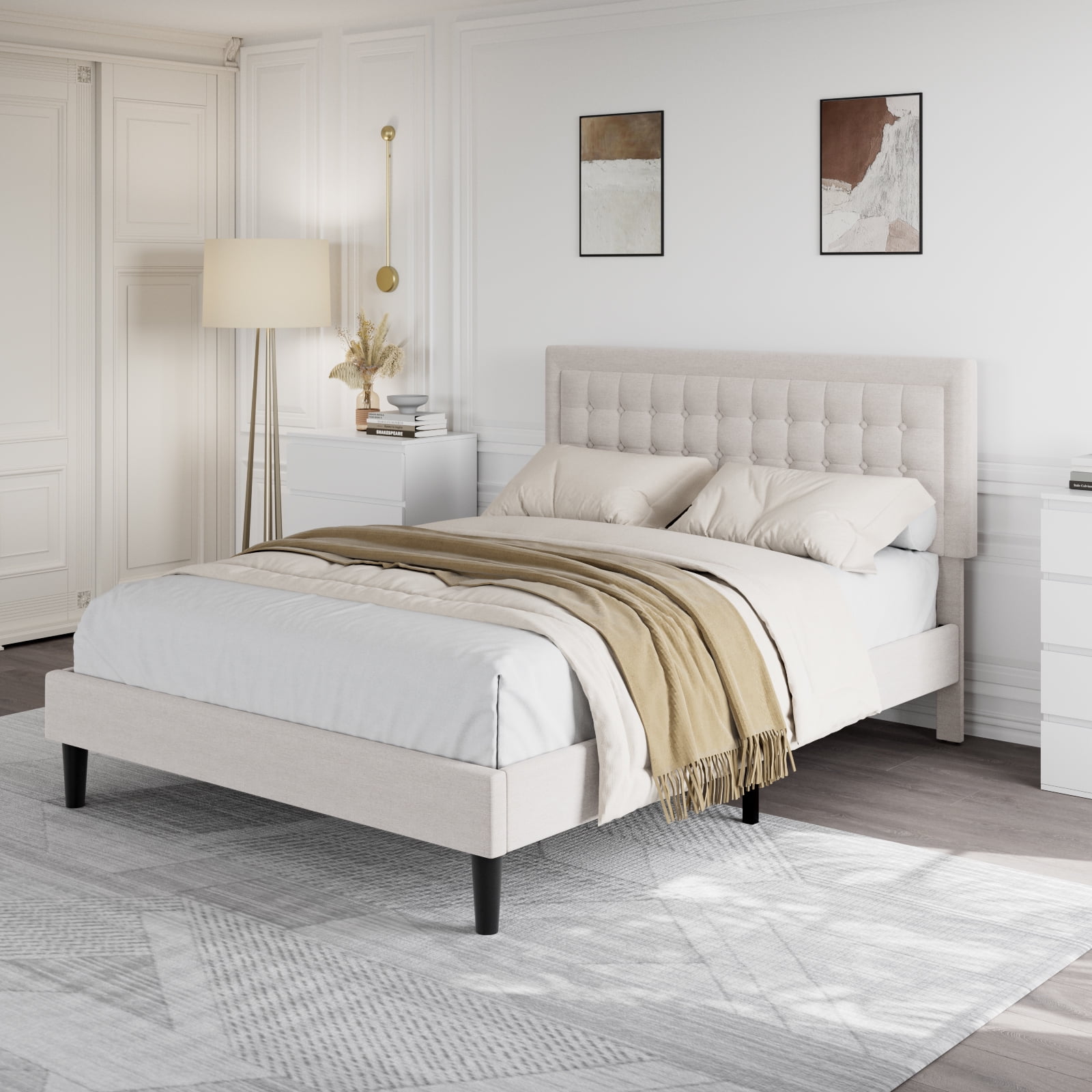 Homfa Full Bed Frame, Button Tufted Upholstered Platform with