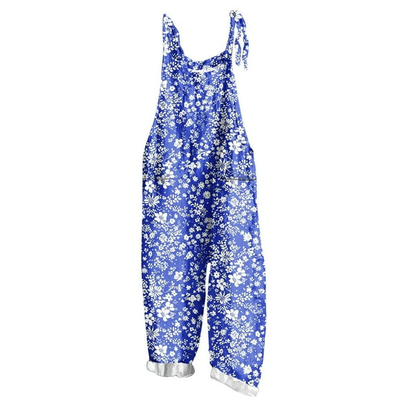Plus Size Boho Women's Jumpsuits with Pockets Floral Printed Casual Sleeveless Crew Neck Flowy Wide Leg Jumpsuit for Spring Summer Blue A S-5XL