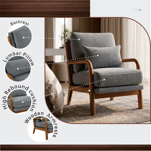 Wooden Lounge Chair with Solid Wood Armrests, Mid-Century Modern Single Sofa for Living Room, Bedroom, Balcony, Office, Light Gray