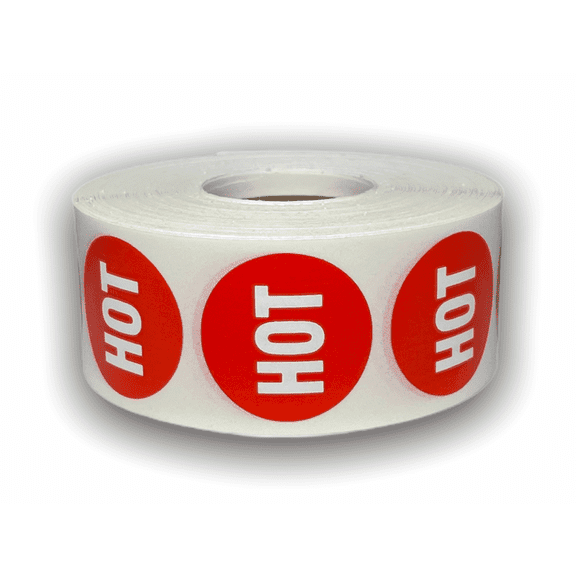 Hot Food Stickers | 1.125 inch (1 1/8") Round Red with White Text Adhesive Labels | 1 Roll with 1000 Labels