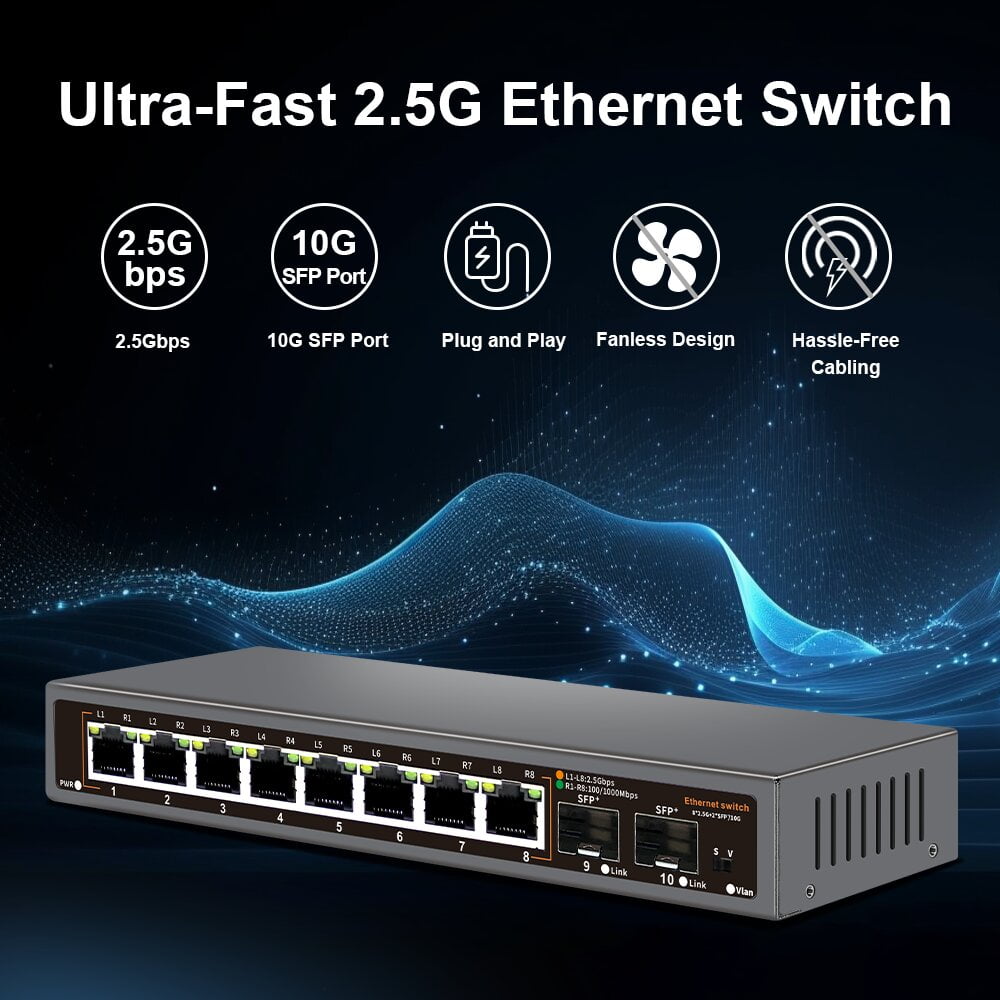 Davuaz 10 Port 2.5G Unmanaged Ethernet Switch with 8 x 2.5G Base-T Ports and 2x 10G SFP Uplink Port, Compatible with 100/1000/2500Mbps, Fanlesss Design, Plug & Play, Metal 2.5Gb Network Switch