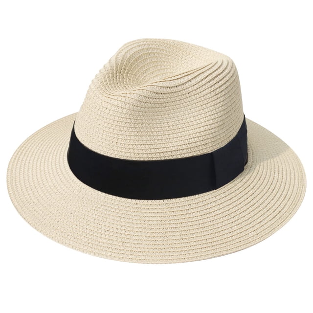 DRESHOW Sombrero panamá de paja para mujer, sombrero de viaje Fedora para playa, sombrero para el sol, sombrero enrollable de paja de ala ancha UPF 50+